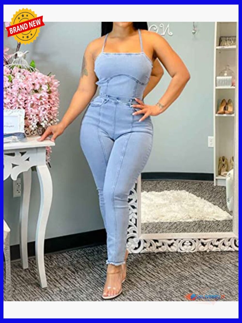 Stretchy Denim Jumpsuit Romper with Pocket Sleeveless High Waist Bodycon - Picture 4 of 6